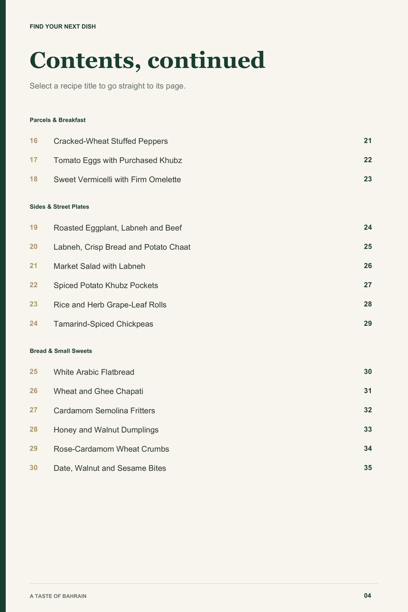 Actual PDF page 4 from A Taste of Bahrain: Contents, page 2.