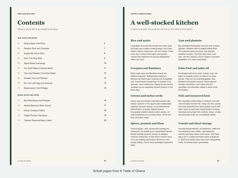 Actual contents and kitchen-notes pages from A Taste of Ghana.