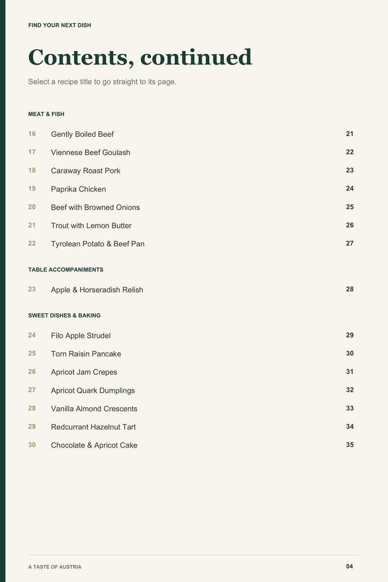 Actual PDF page 4 from A Taste of Austria: Contents, page 2.