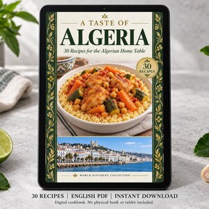 Digital cookbook mockup displaying the actual A Taste of Algeria cover. English PDF download only; no tablet or physical book included.