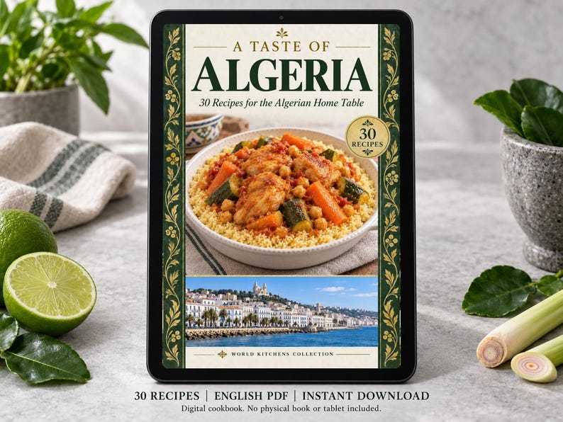 Digital cookbook mockup displaying the actual A Taste of Algeria cover. English PDF download only; no tablet or physical book included.