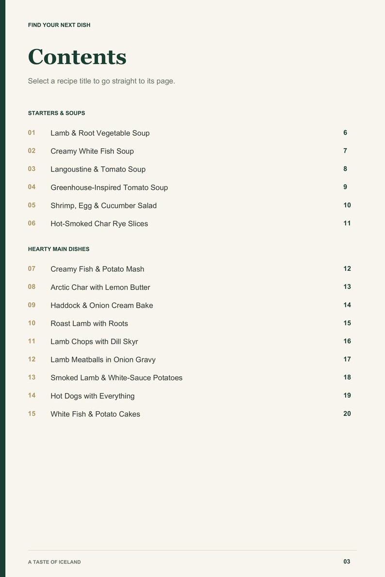 Actual PDF page 3 from A Taste of Iceland: Contents, page 1.