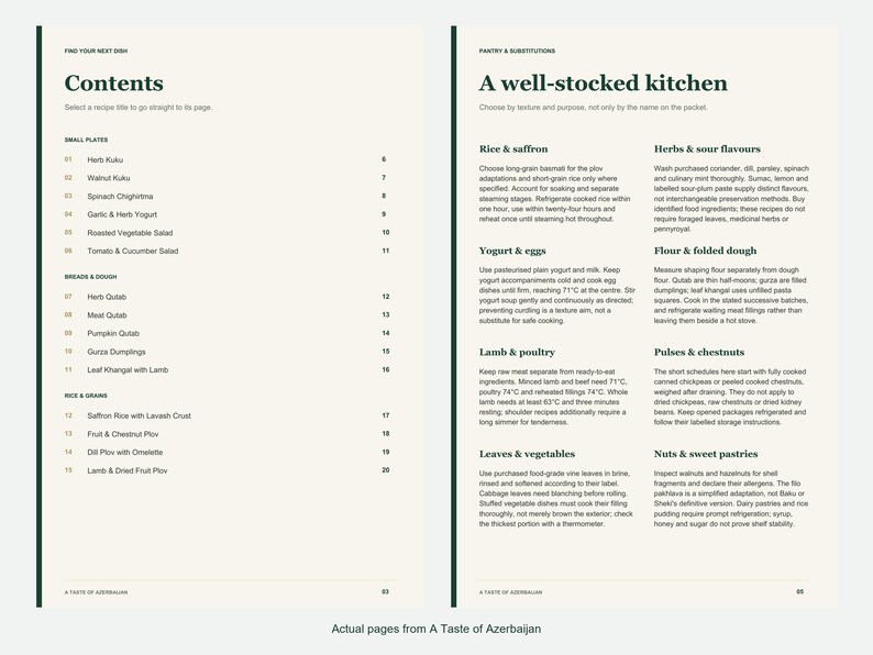Actual contents and kitchen-notes pages from A Taste of Azerbaijan.