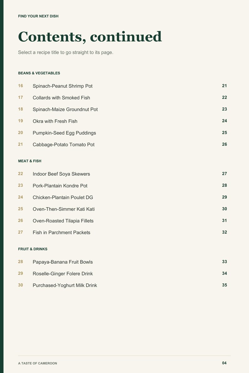 Actual PDF page 4 from A Taste of Cameroon: Contents, page 2.