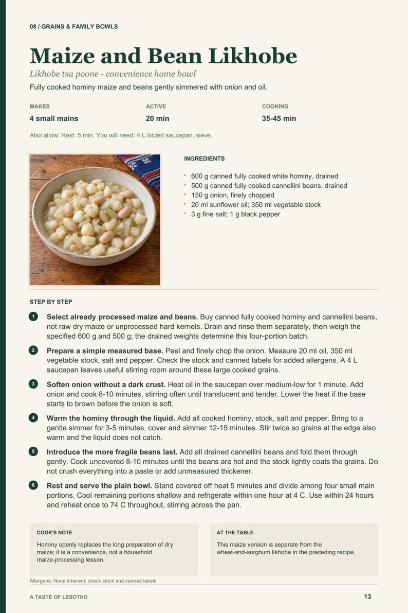 Actual PDF page 13 from A Taste of Lesotho: Maize and Bean Likhobe recipe page.