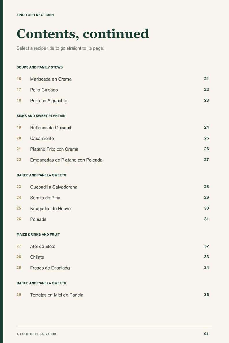 Actual PDF page 4 from A Taste of El Salvador: Contents, page 2.