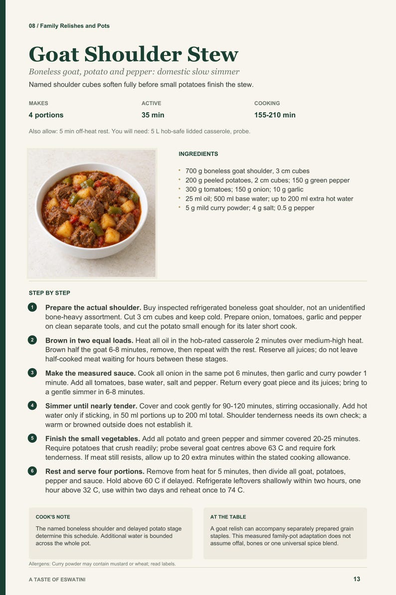 Actual PDF page 13 from A Taste of Eswatini: Goat Shoulder Stew recipe page.