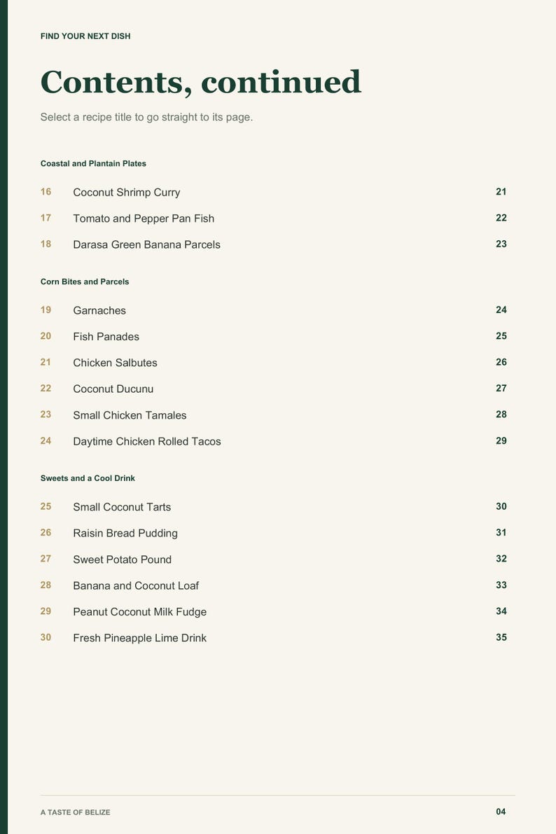 Actual PDF page 4 from A Taste of Belize: Contents, page 2.