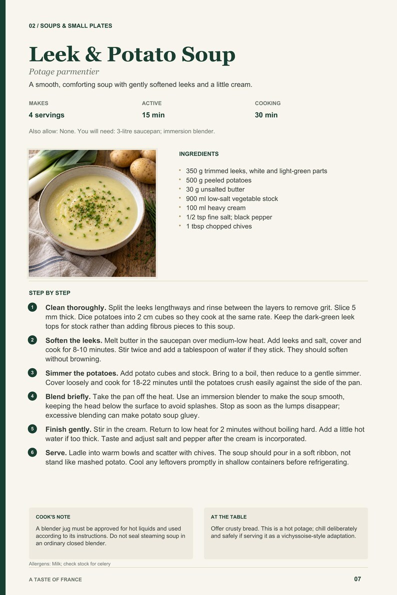 Actual PDF page 7 from A Taste of France: Leek & Potato Soup recipe page.