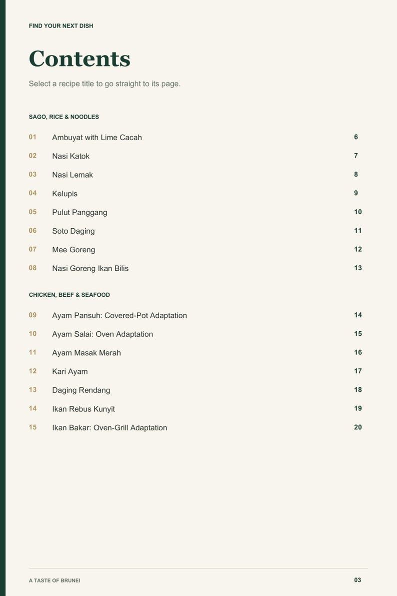 Actual PDF page 3 from A Taste of Brunei: Contents, page 1.