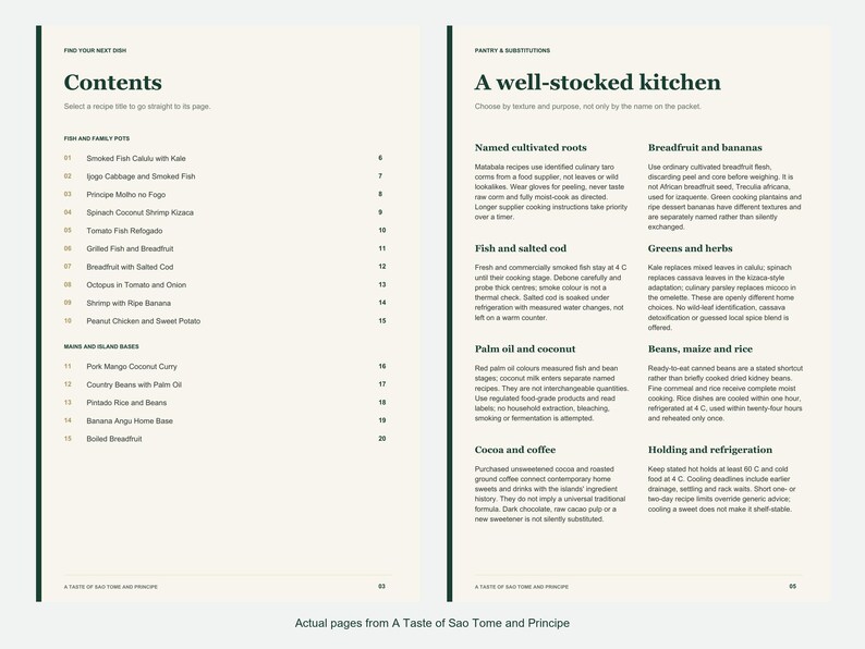 Actual contents and kitchen-notes pages from A Taste of Sao Tome and Principe.