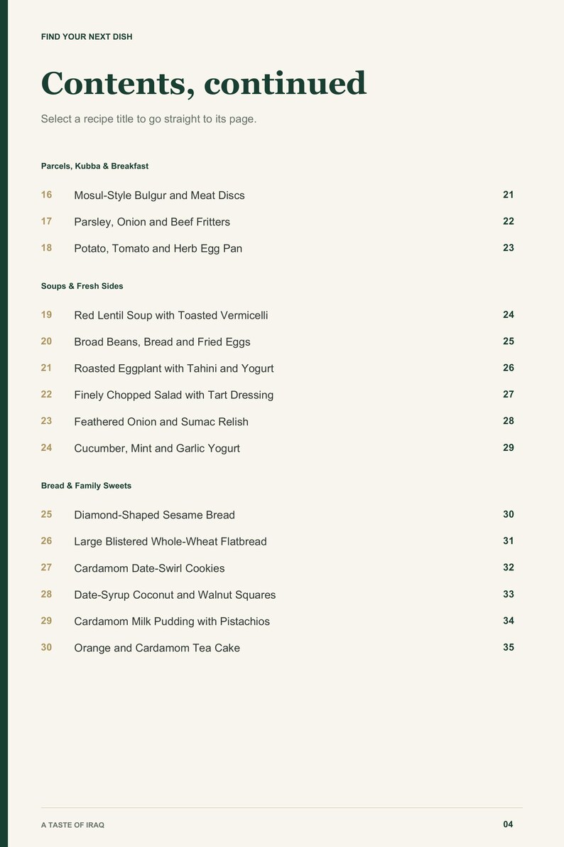 Actual PDF page 4 from A Taste of Iraq: Contents, page 2.