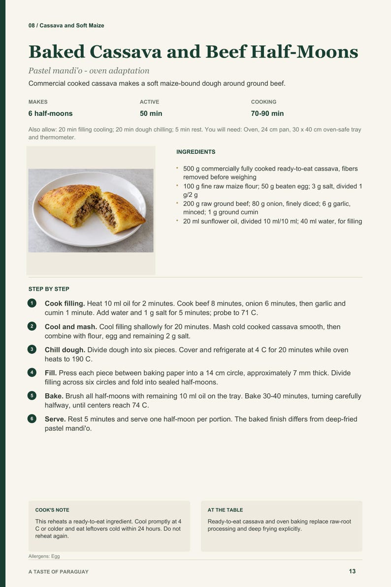 Actual PDF page 13 from A Taste of Paraguay: Baked Cassava and Beef Half-Moons recipe page.