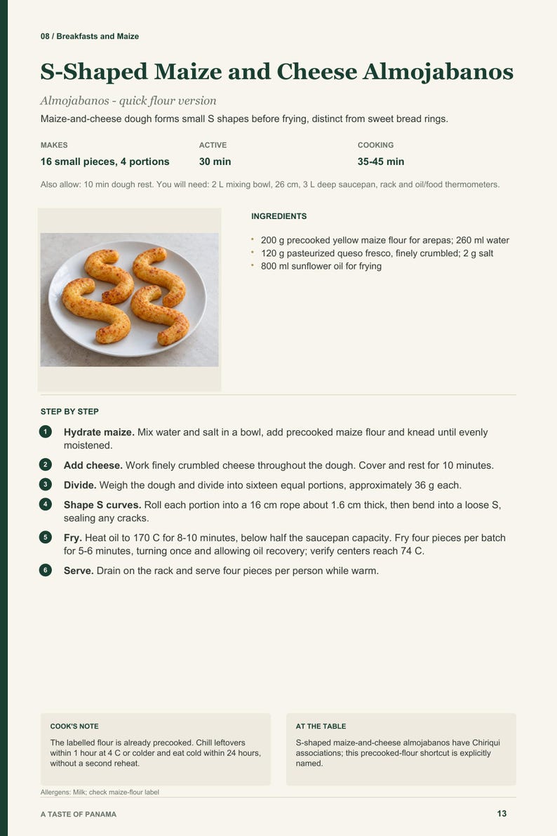 Actual PDF page 13 from A Taste of Panama: S-Shaped Maize and Cheese Almojabanos recipe page.