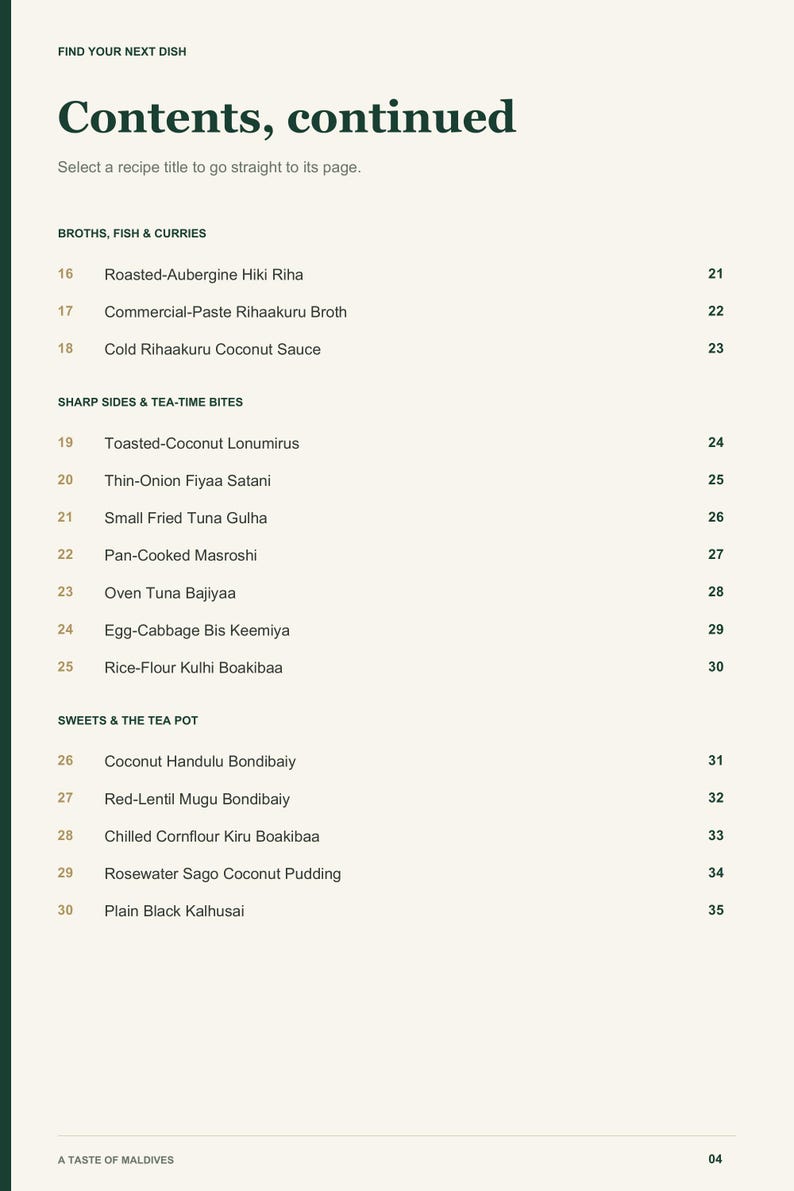 Actual PDF page 4 from A Taste of Maldives: Contents, page 2.