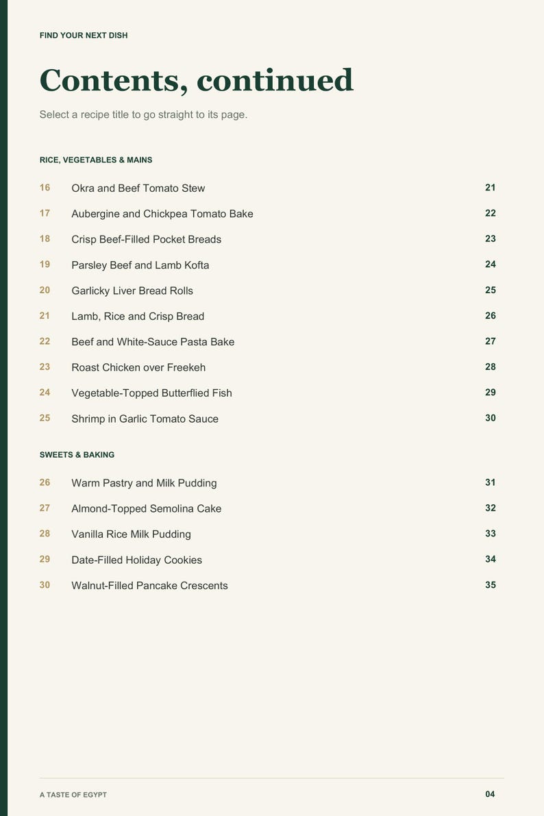 Actual PDF page 4 from A Taste of Egypt: Contents, page 2.