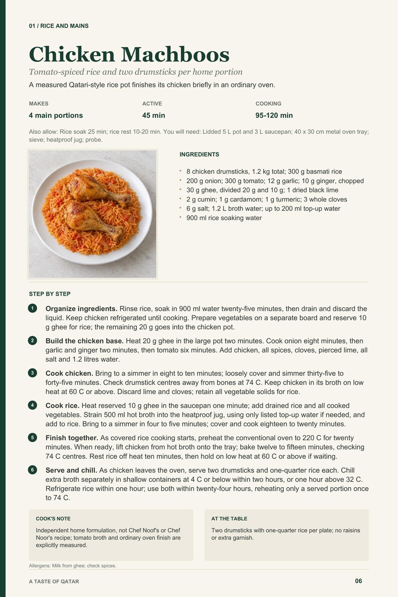 Actual PDF page 6 from A Taste of Qatar: Chicken Machboos recipe page.