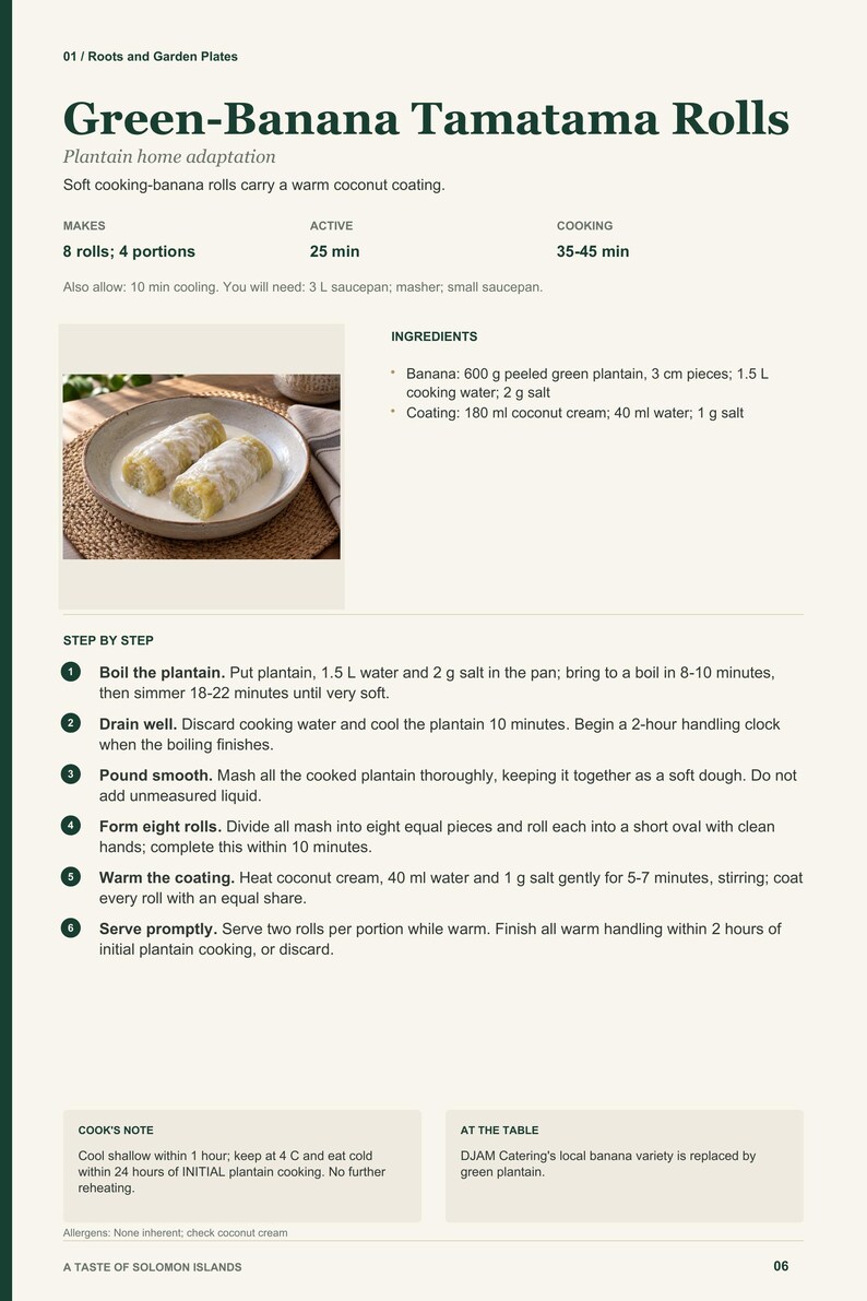 Actual PDF page 6 from A Taste of Solomon Islands: Green-Banana Tamatama Rolls recipe page.