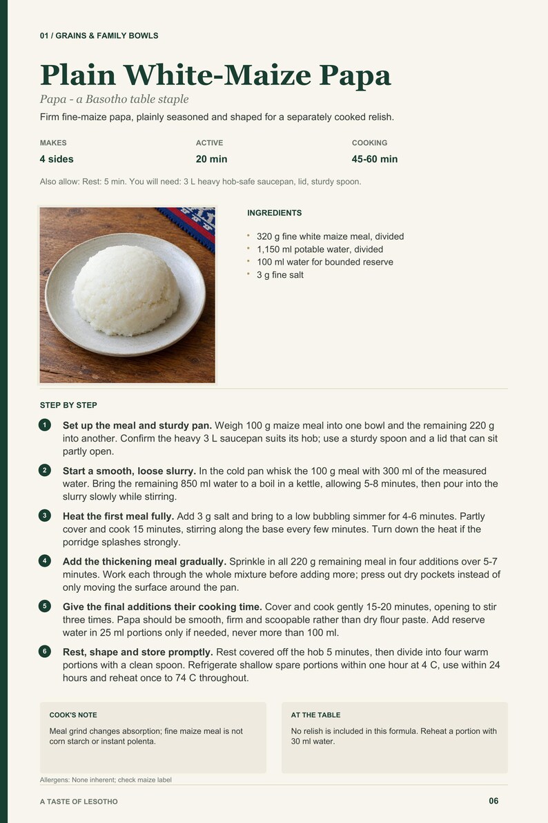 Actual PDF page 6 from A Taste of Lesotho: Plain White-Maize Papa recipe page.