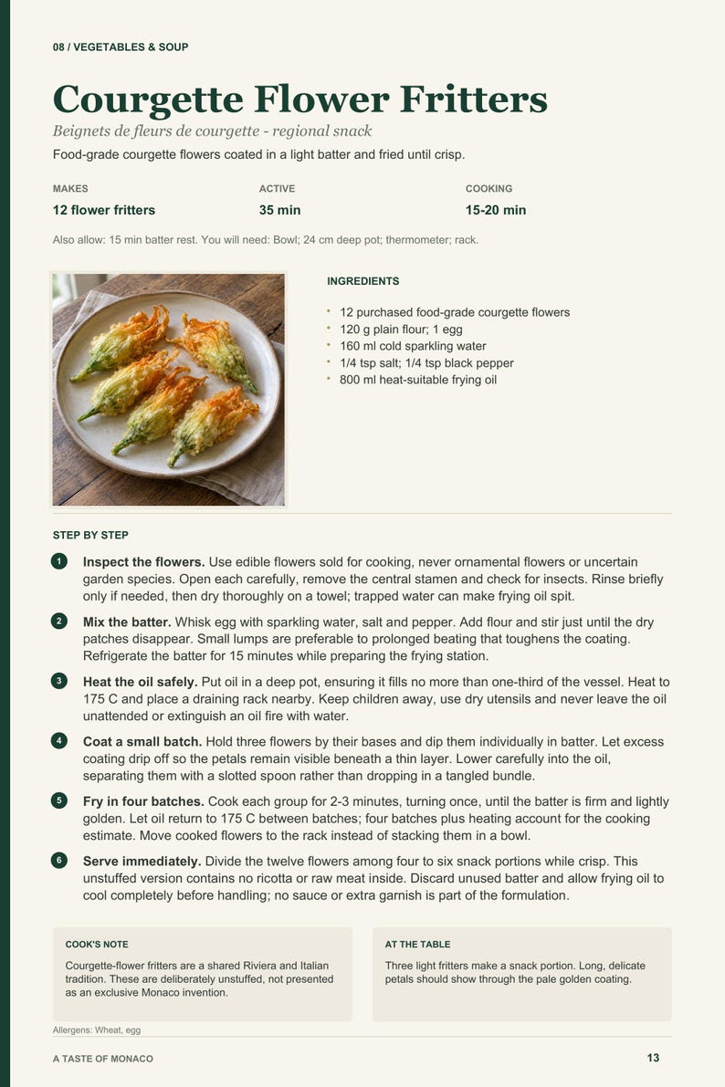 Actual PDF page 13 from A Taste of Monaco: Courgette Flower Fritters recipe page.
