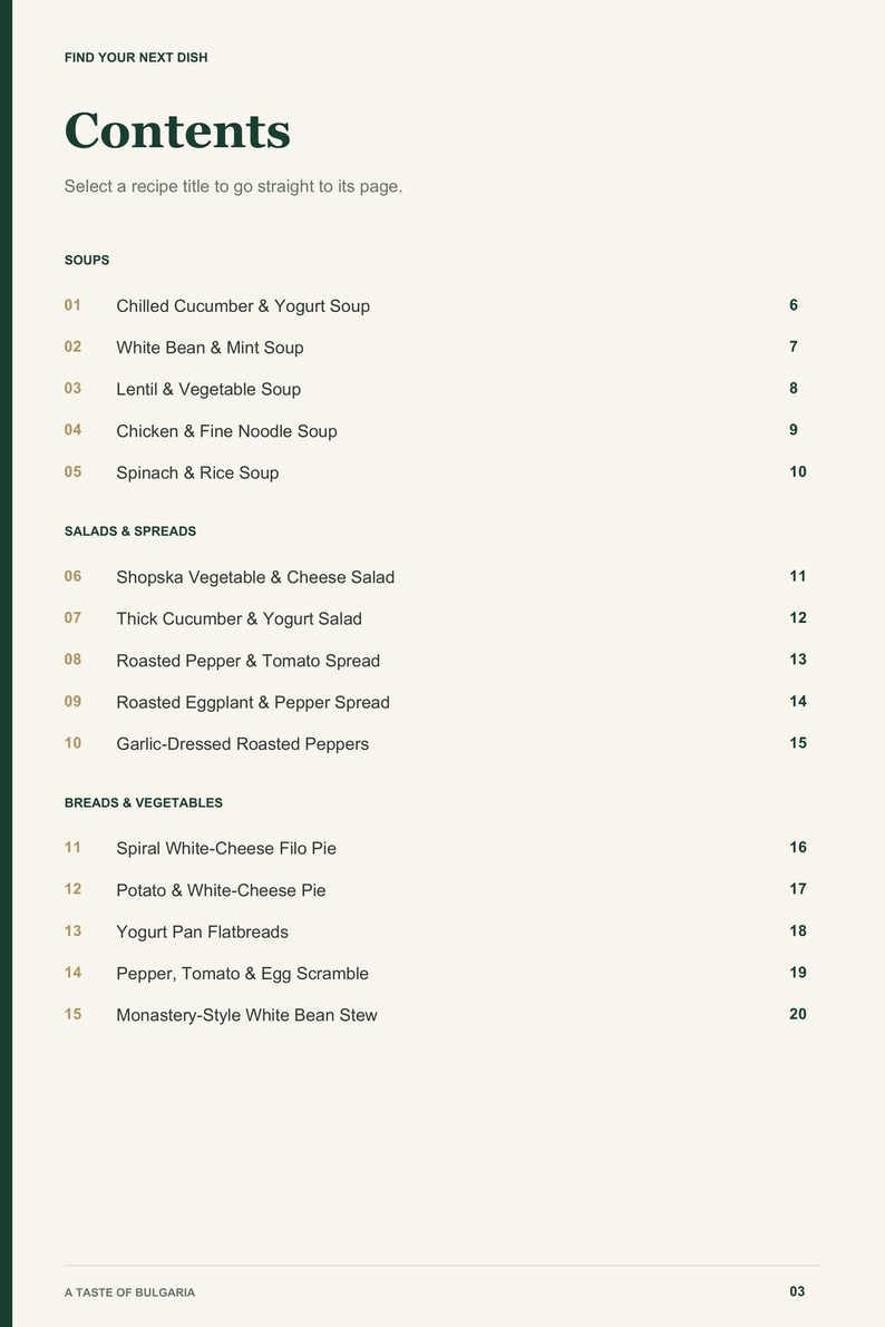 Actual PDF page 3 from A Taste of Bulgaria: Contents, page 1.