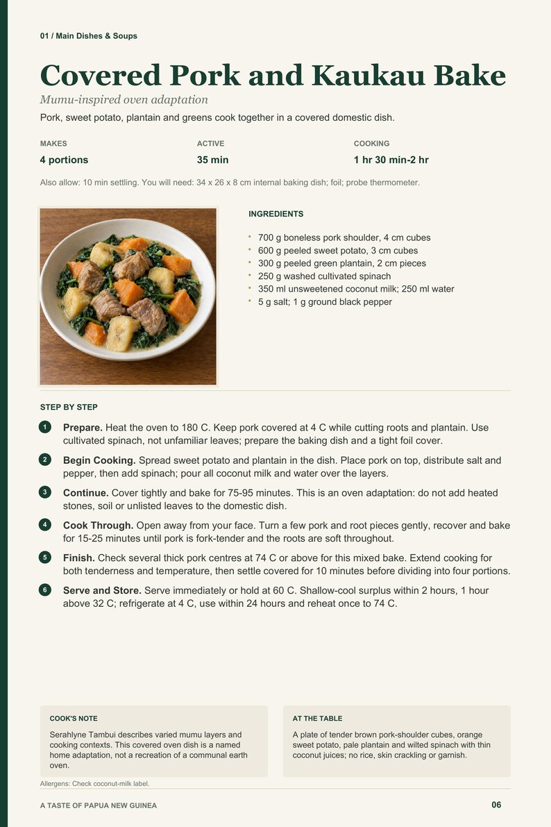 Actual PDF page 6 from A Taste of Papua New Guinea: Covered Pork and Kaukau Bake recipe page.