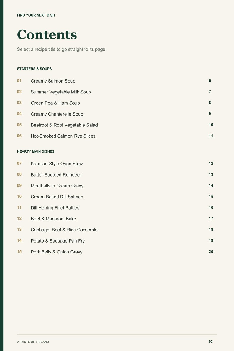 Actual PDF page 3 from A Taste of Finland: Contents, page 1.