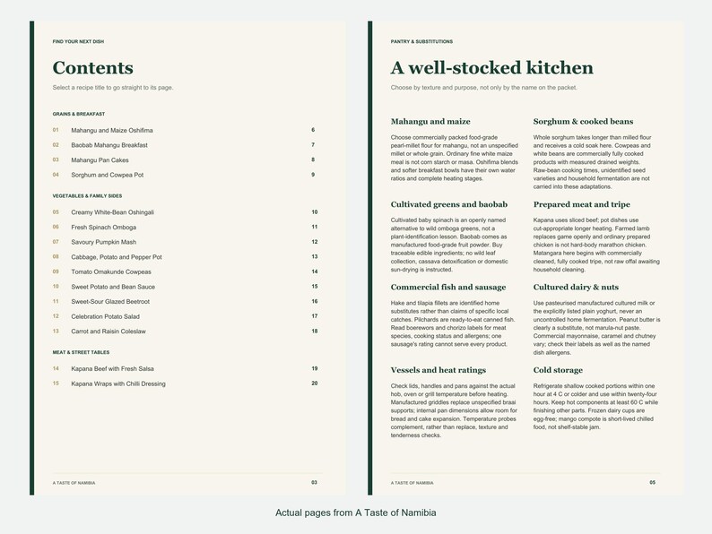 Actual contents and kitchen-notes pages from A Taste of Namibia.