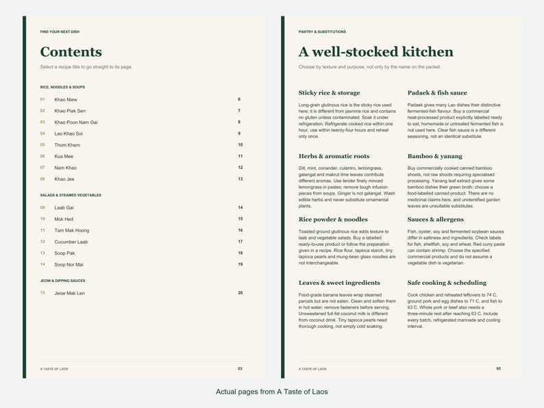 Actual contents and kitchen-notes pages from A Taste of Laos.