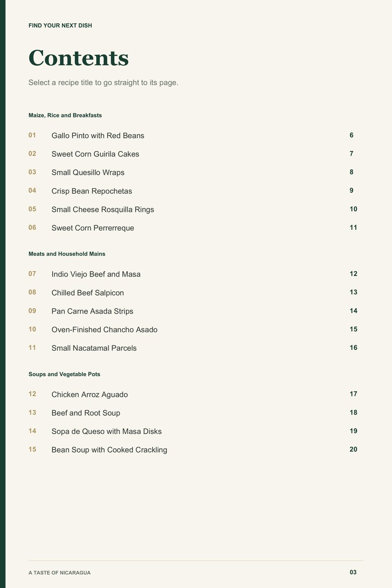 Actual PDF page 3 from A Taste of Nicaragua: Contents, page 1.