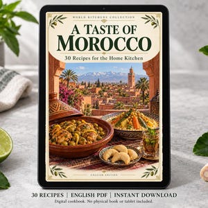 Digital cookbook mockup displaying the actual A Taste of Morocco cover. English PDF download only; no tablet or physical book included.