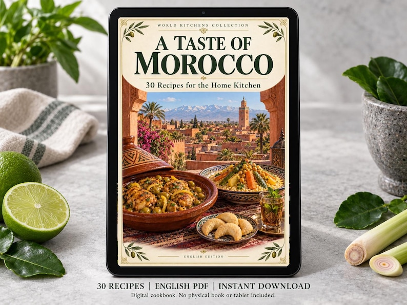 Digital cookbook mockup displaying the actual A Taste of Morocco cover. English PDF download only; no tablet or physical book included.