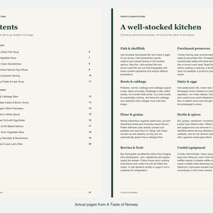 Actual contents and kitchen-notes pages from A Taste of Norway.