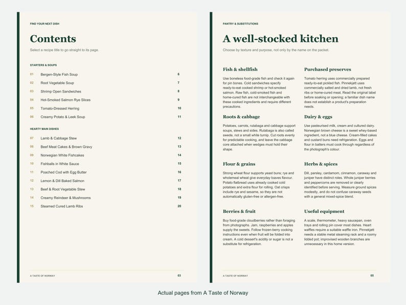 Actual contents and kitchen-notes pages from A Taste of Norway.
