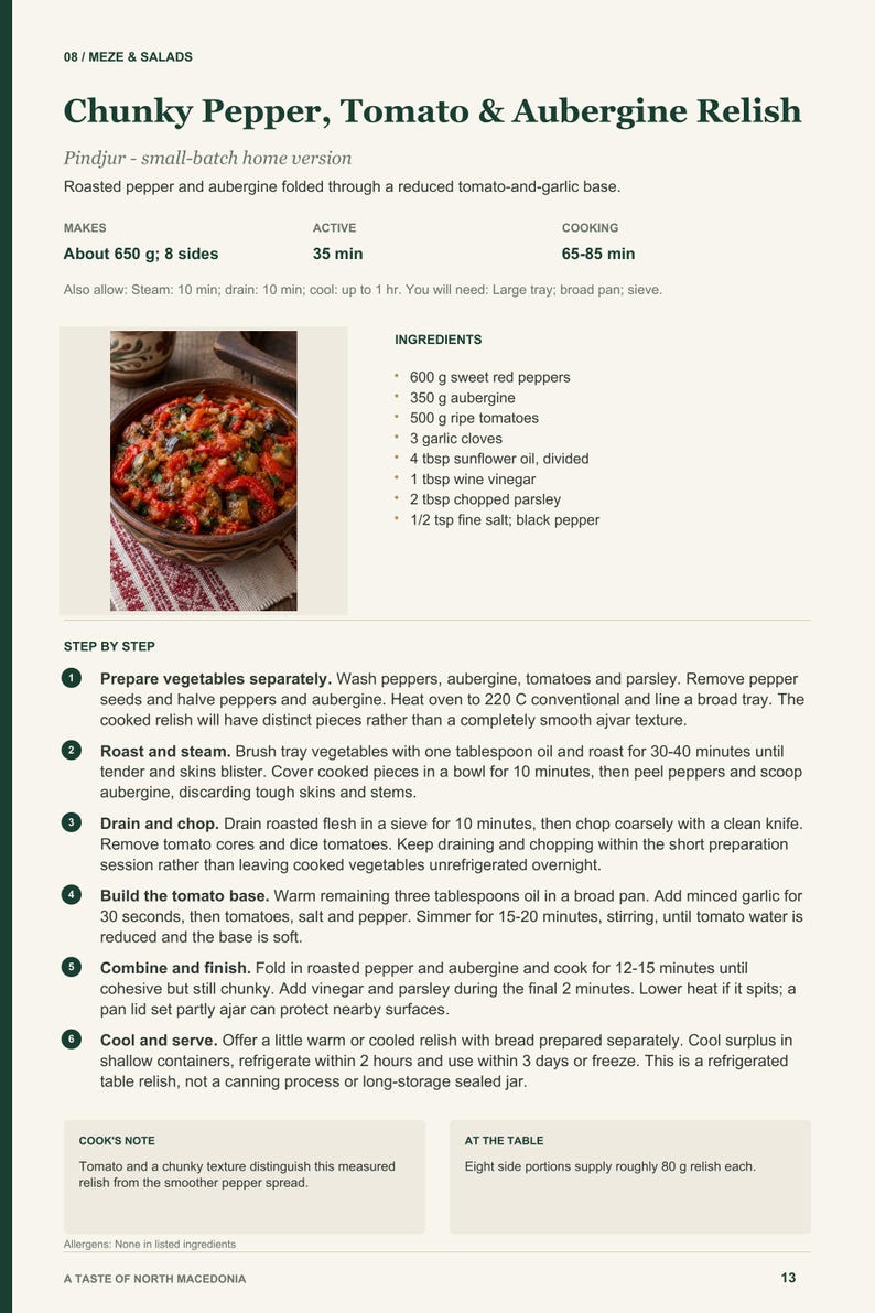 Actual PDF page 13 from A Taste of North Macedonia: Chunky Pepper, Tomato & Aubergine Relish recipe page.