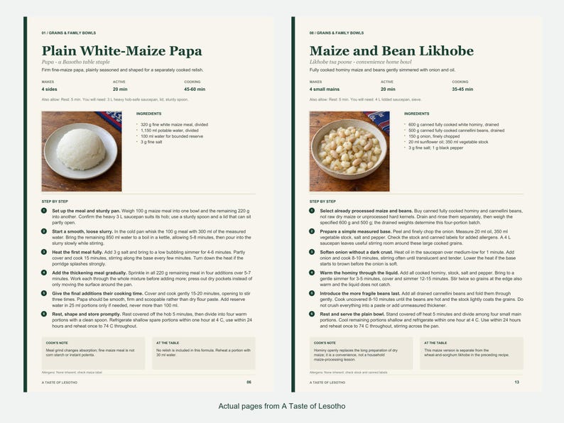 Two actual recipe pages from A Taste of Lesotho.