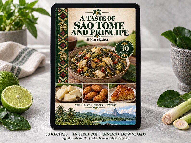 Digital cookbook mockup displaying the actual A Taste of Sao Tome and Principe cover. English PDF download only; no tablet or physical book included.