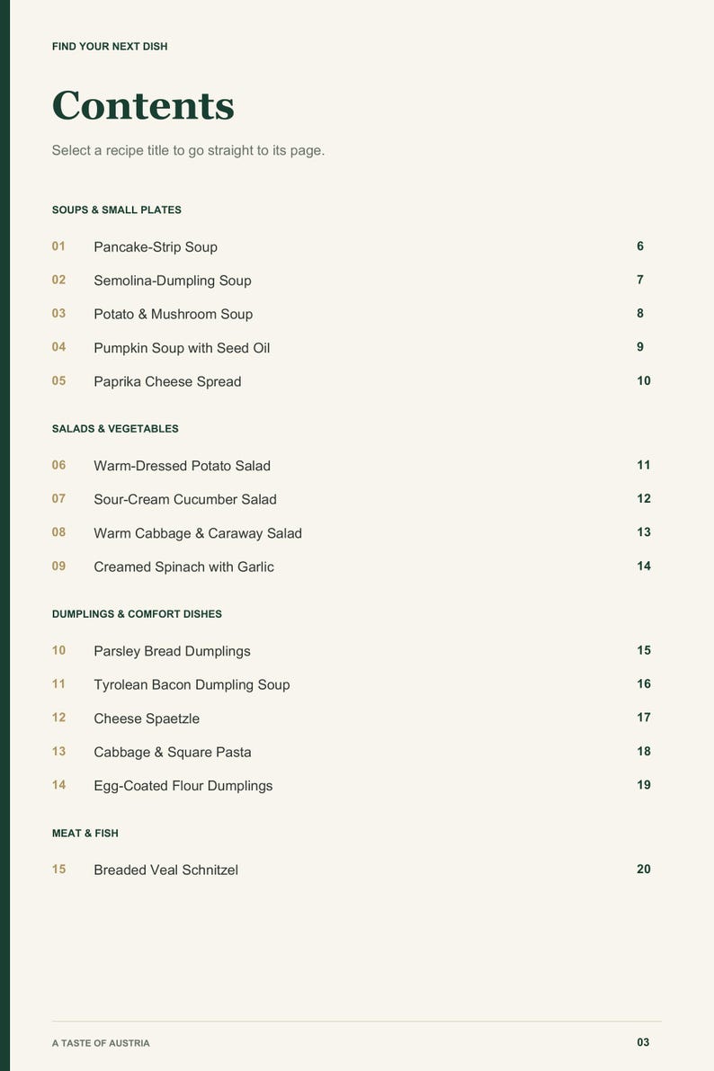 Actual PDF page 3 from A Taste of Austria: Contents, page 1.
