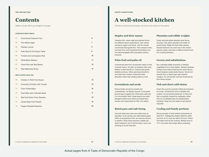 Actual contents and kitchen-notes pages from A Taste of Democratic Republic of the Congo.