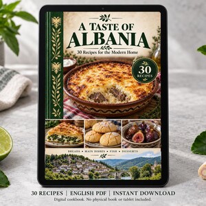 Digital cookbook mockup displaying the actual A Taste of Albania cover. English PDF download only; no tablet or physical book included.