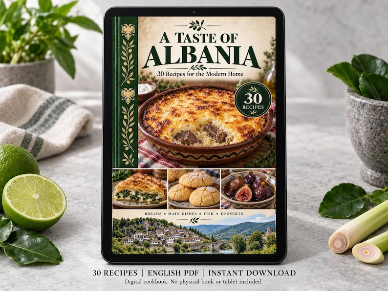 Digital cookbook mockup displaying the actual A Taste of Albania cover. English PDF download only; no tablet or physical book included.