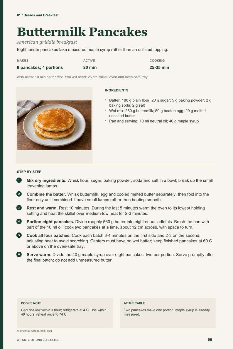 Actual PDF page 6 from A Taste of United States: Buttermilk Pancakes recipe page.