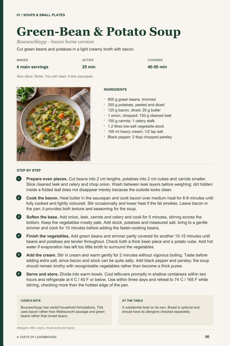 Actual PDF page 6 from A Taste of Luxembourg: Green-Bean & Potato Soup recipe page.