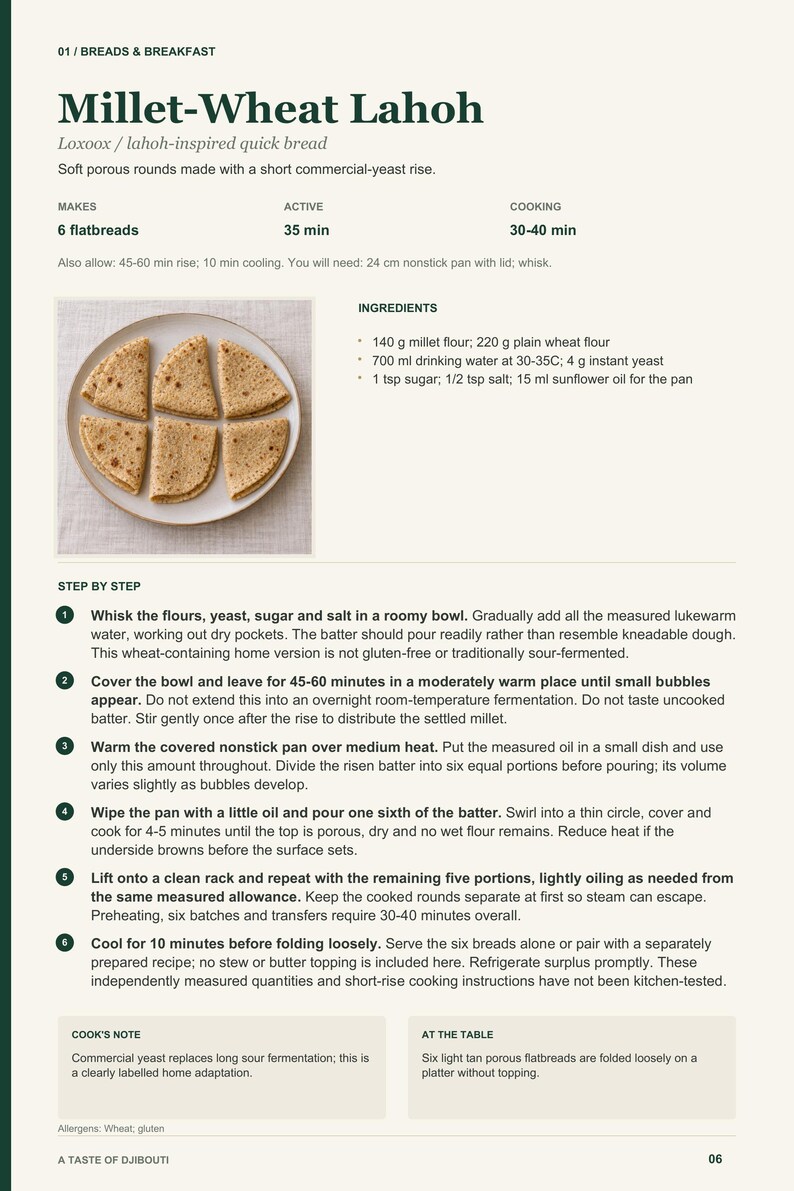 Actual PDF page 6 from A Taste of Djibouti: Millet-Wheat Lahoh recipe page.