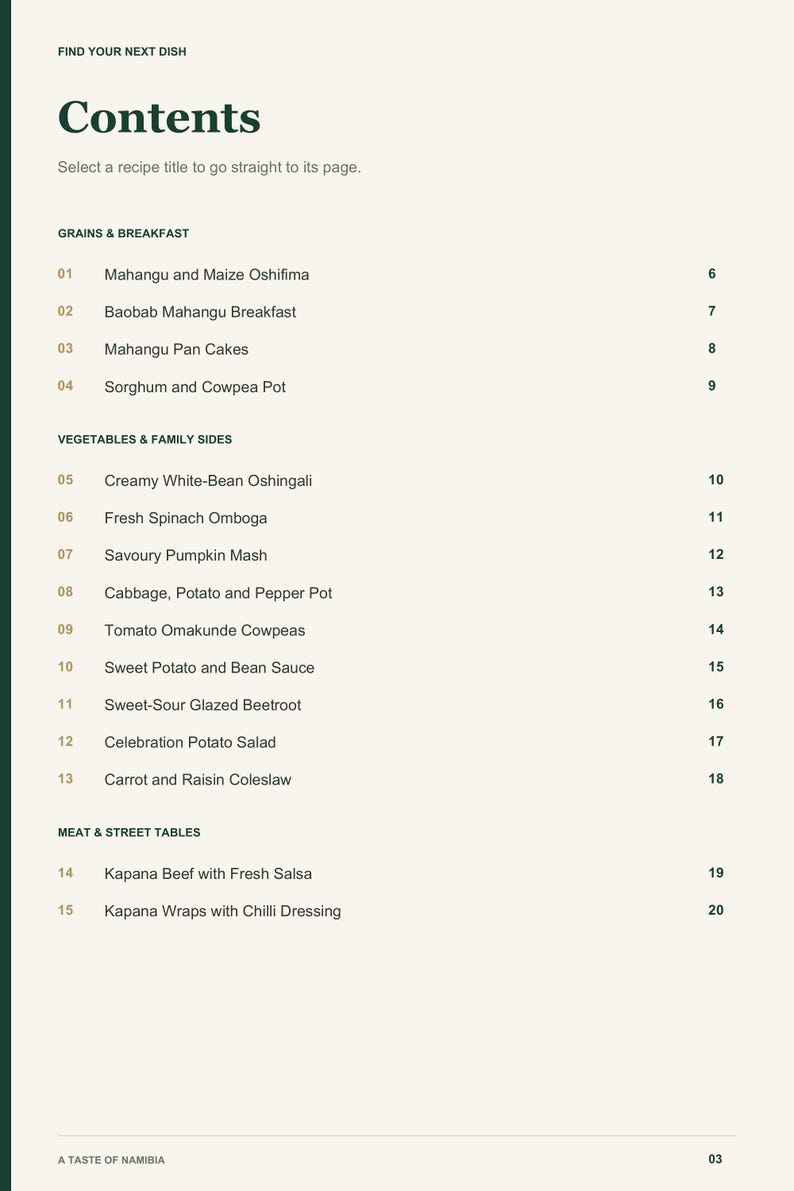 Actual PDF page 3 from A Taste of Namibia: Contents, page 1.