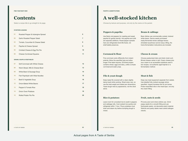 Actual contents and kitchen-notes pages from A Taste of Serbia.