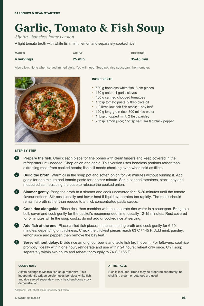 Actual PDF page 6 from A Taste of Malta: Garlic, Tomato & Fish Soup recipe page.