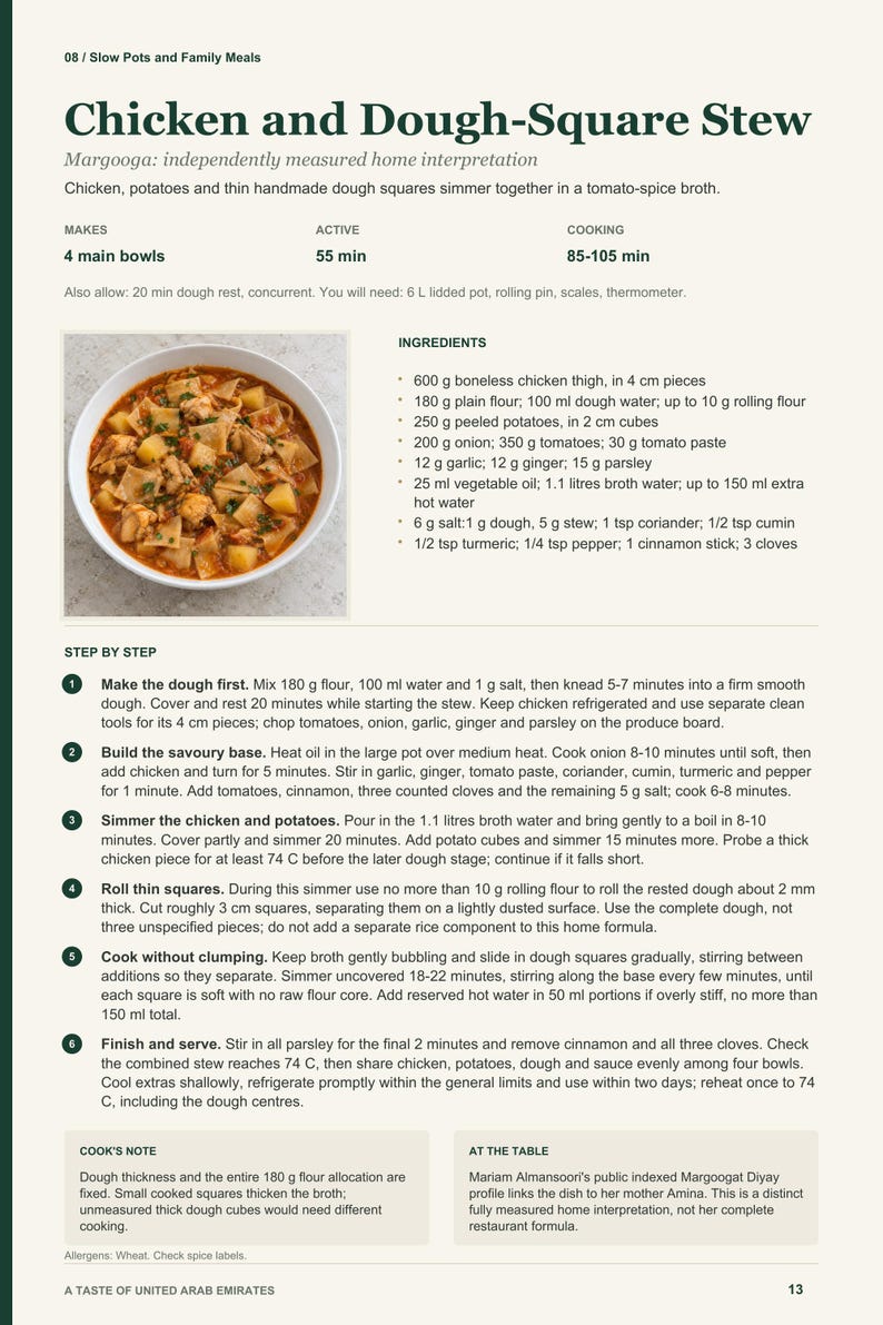 Actual PDF page 13 from A Taste of United Arab Emirates: Chicken and Dough-Square Stew recipe page.