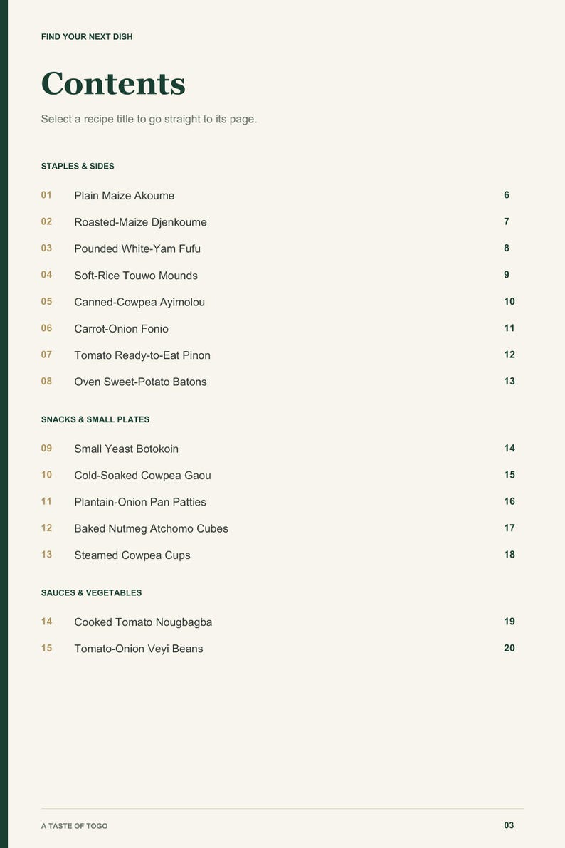 Actual PDF page 3 from A Taste of Togo: Contents, page 1.