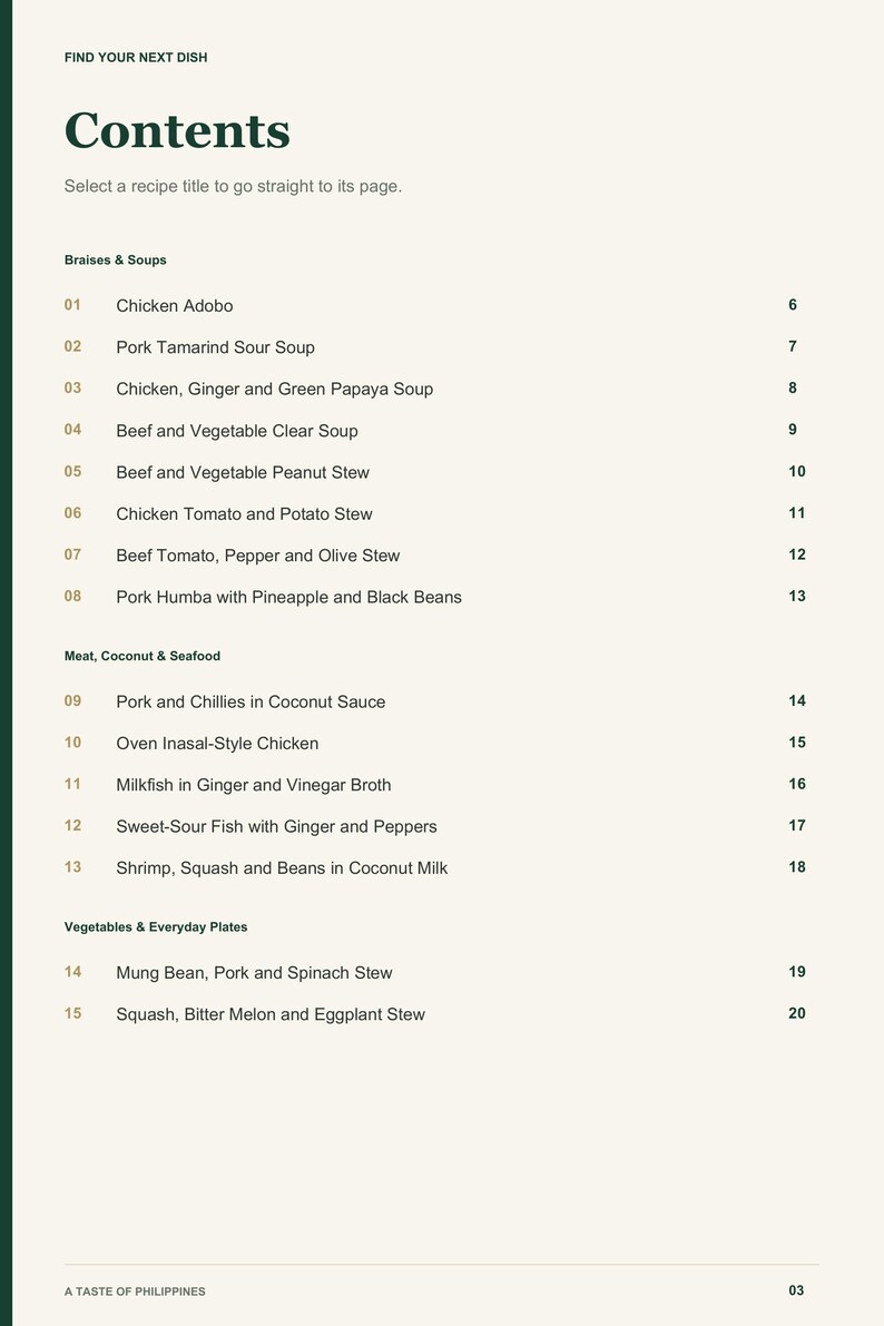 Actual PDF page 3 from A Taste of Philippines: Contents, page 1.
